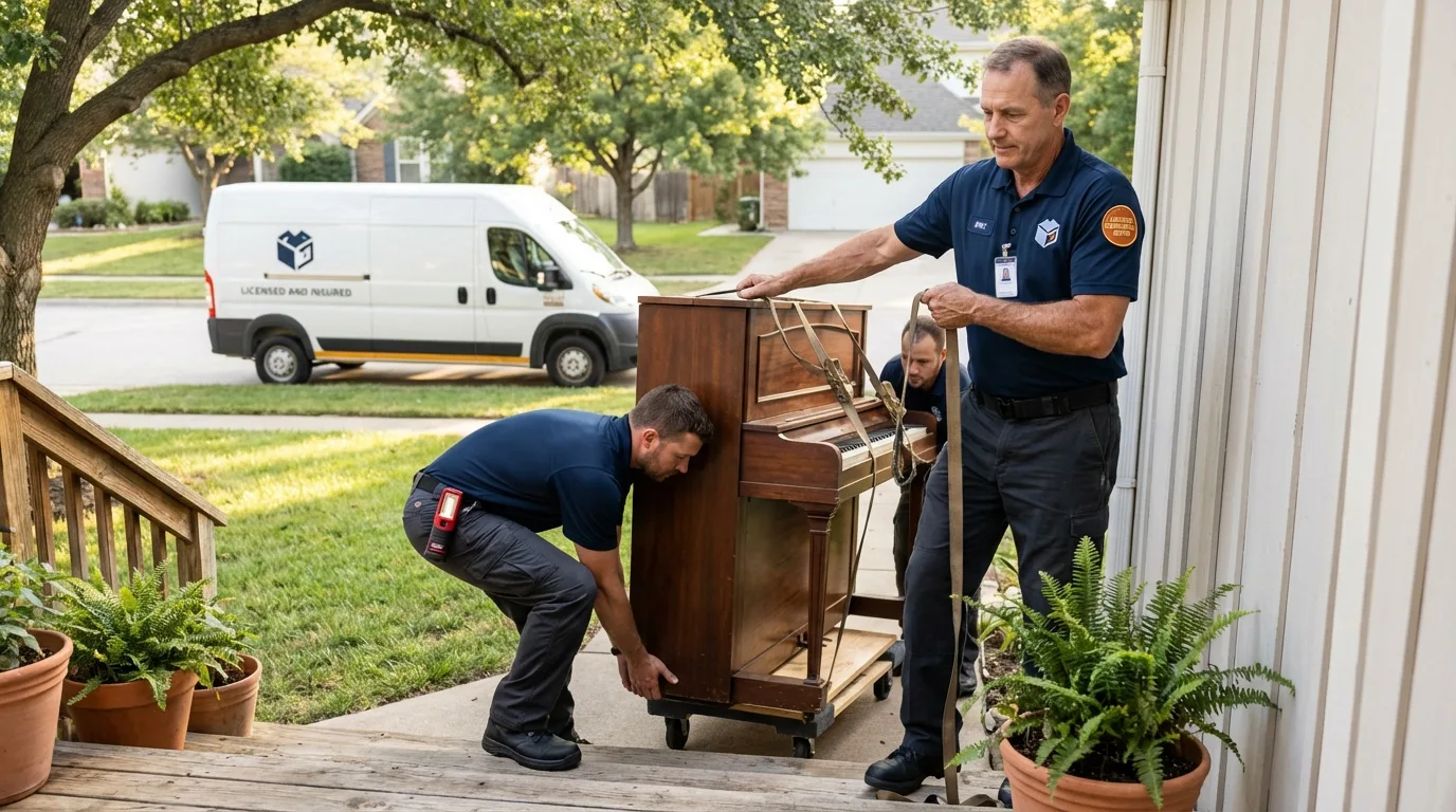 Licensed piano movers securing grand piano in Pawlet, VT