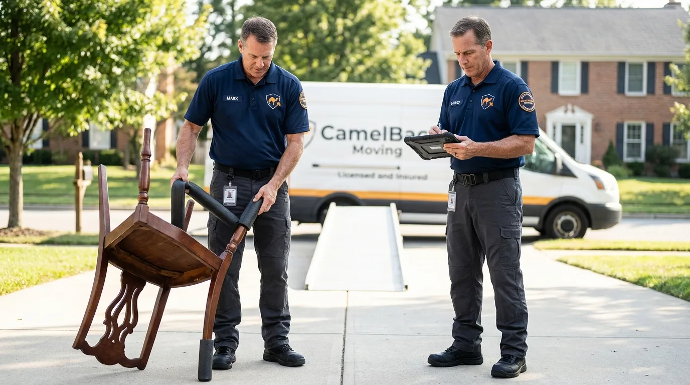Movers inspecting furniture for damage prevention before loading in Pawlet, VT
