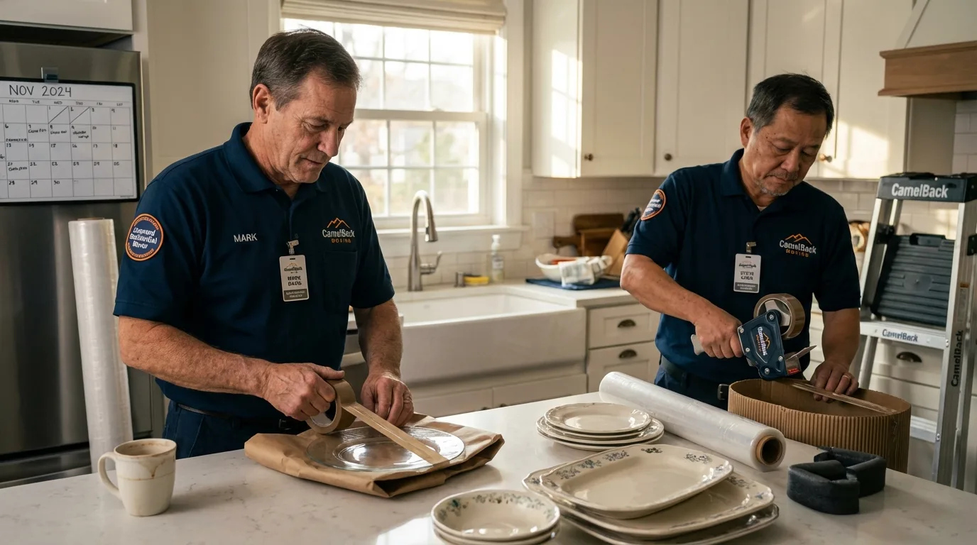 Professional crew packing kitchen dishware in Pawlet, VT